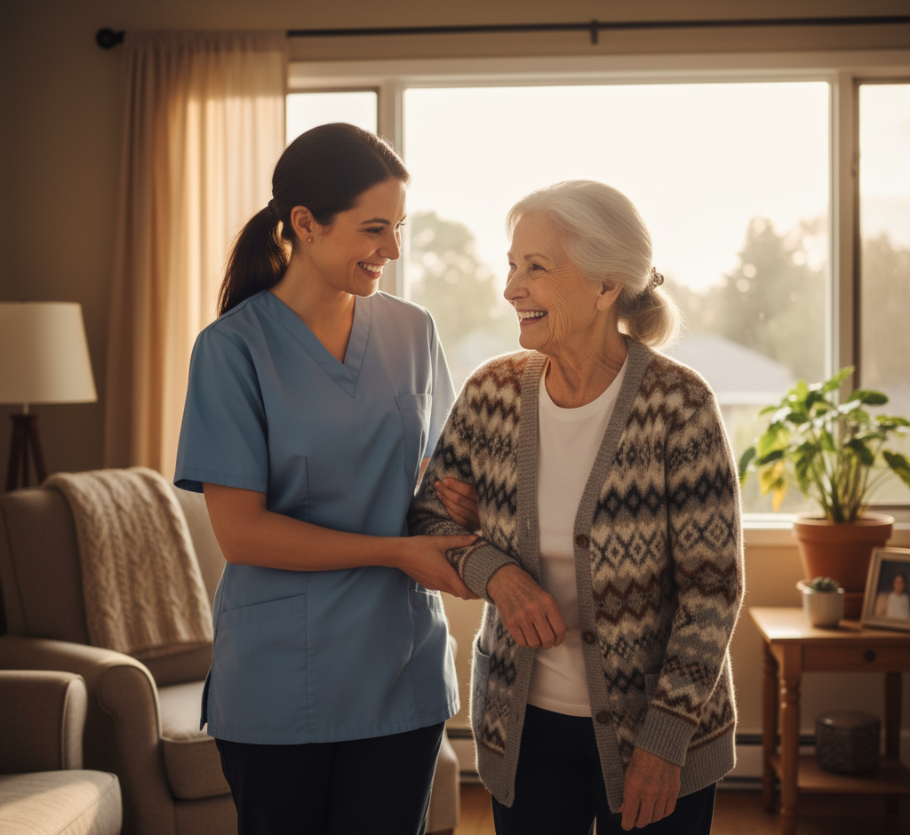 A smiling caregiver assisting a senior woman in her home, showing compassionate service.